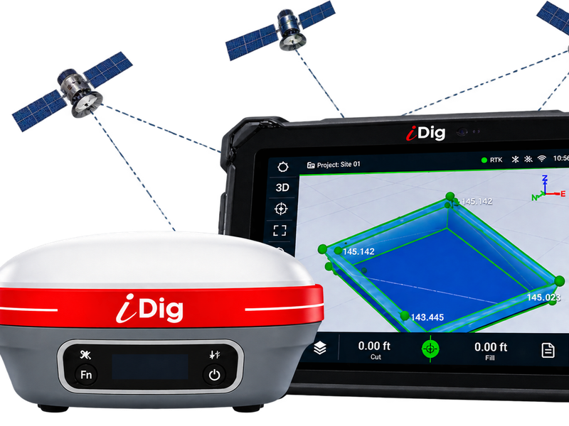 iDig GNSS receiver and tablet on construction site