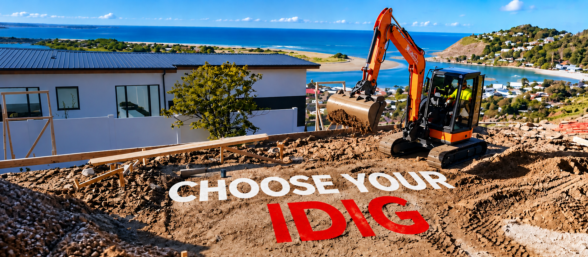 iDig 2D and 3D machine control system on an excavator at a coastal construction site